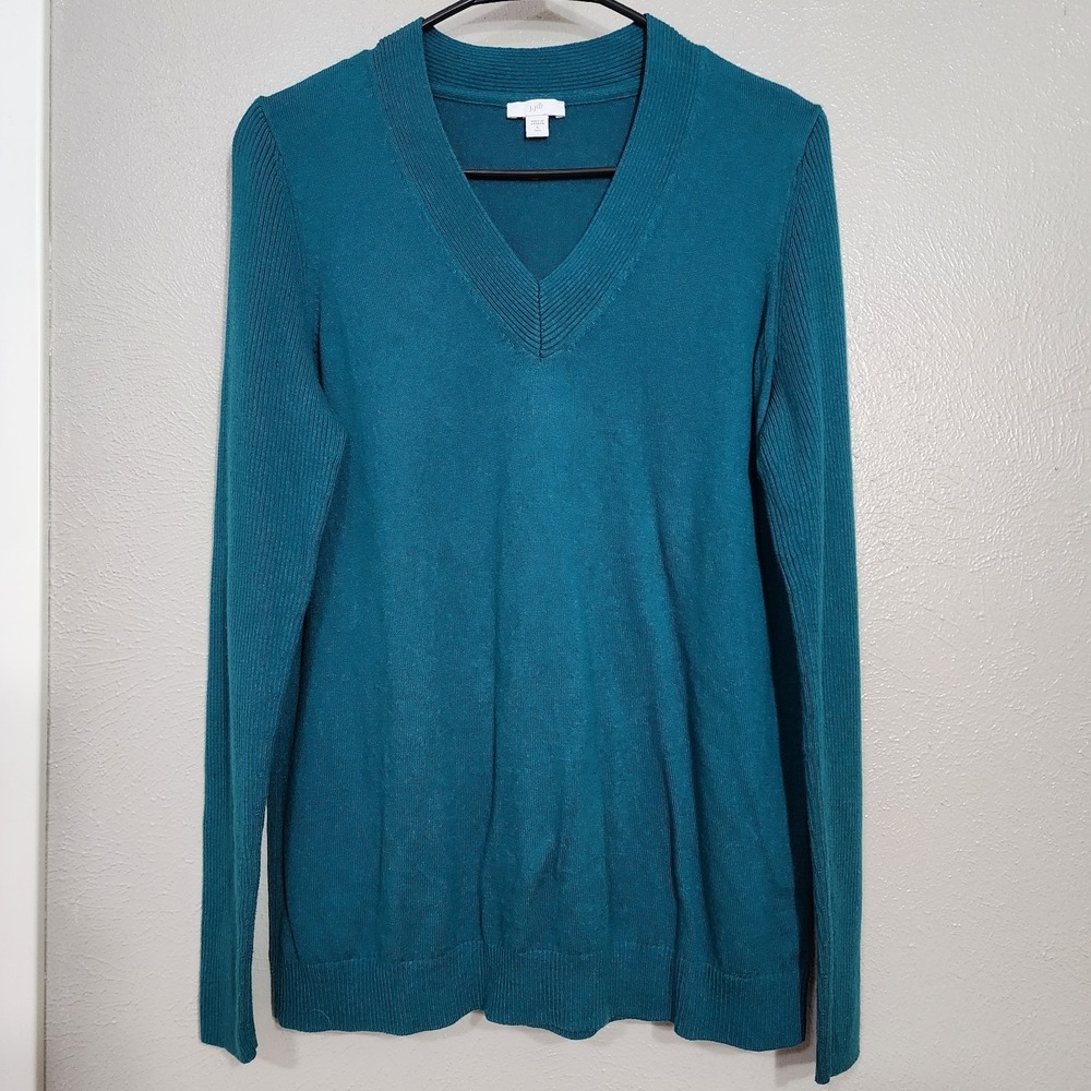 J Jill Top Women's Size Small Tall V Neck Sweater Pullover Teal Blue Minimalist - Picture 1 of 8